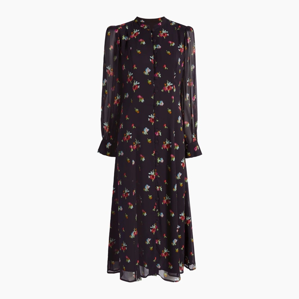 Hill House Home Cindra Dress in Black Ikat Floral Georgette